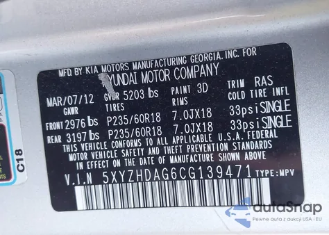 2012 Hyundai Santa Fe Se z USA, uszkodzony, nr VIN 5XYZHDAG6CG139471